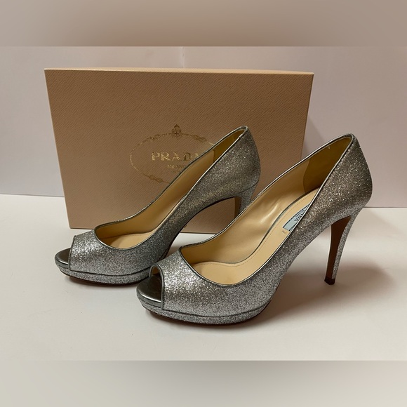 Prada open toe pumps heels Glitter Silver 38